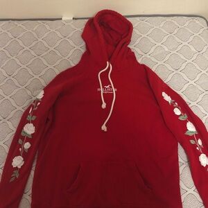 Hollister Red Hoodie with White Floral Accents - Women’s Large